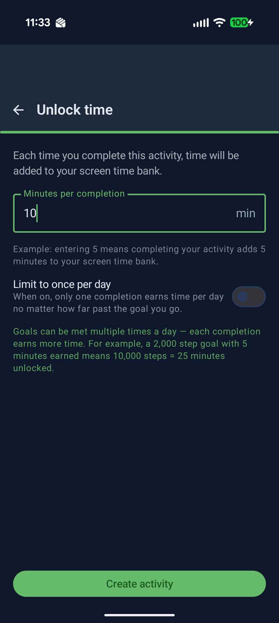 Add Activity — unlock time step