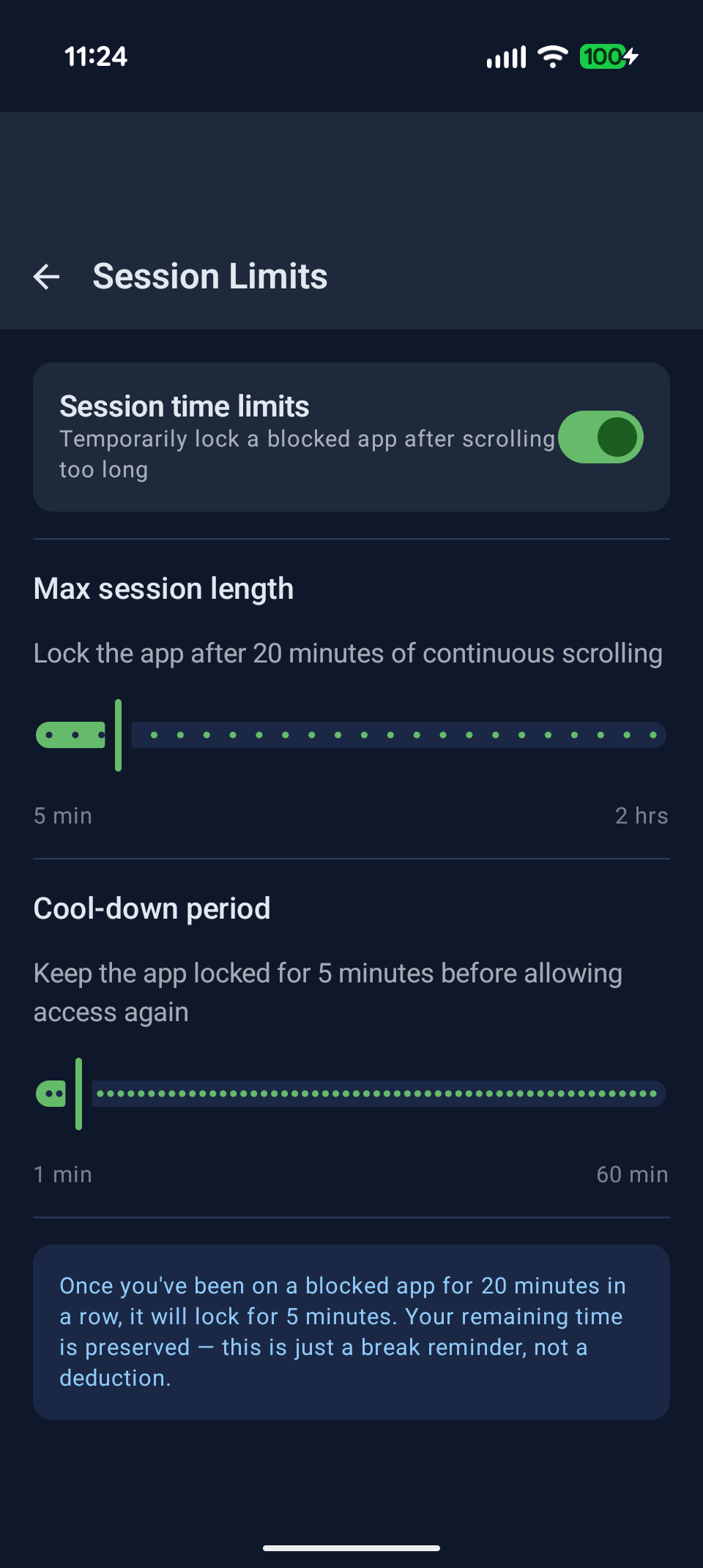 Session Limits settings screen